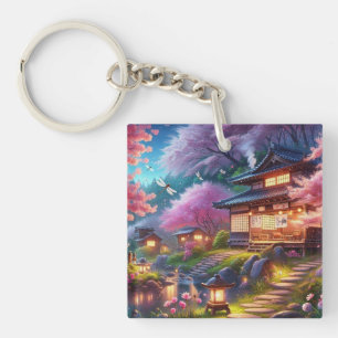 Serene Japanese Garden at Twilight Painting Keychain