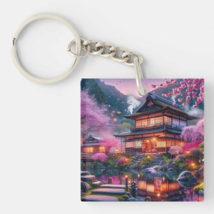 Serene Japanese Garden at Twilight Painting Keychain
