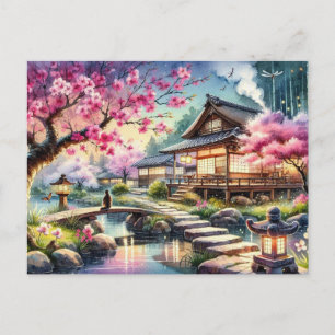 Serene Japanese Garden at Twilight Painting Postcard
