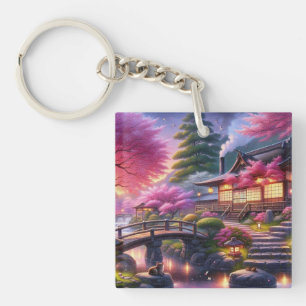 Serene Japanese Garden Retreat Painting Keychain