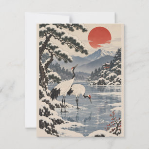 Serene Japanese Ink Wash Cranes in a Snowy Frozen Card
