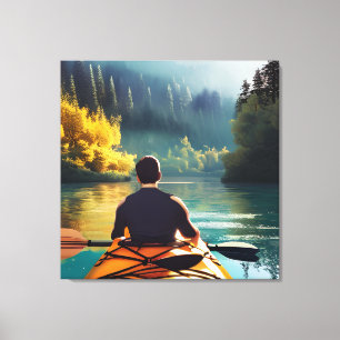Serene Kayaking Scene   Man in Kayak in Mountains Canvas Print