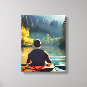 Serene Kayaking Scene   Man in Kayak in Mountains Canvas Print
