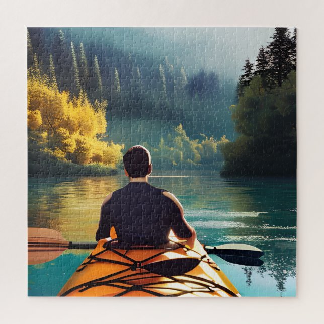 Serene Kayaking Scene | Man in Kayak in Mountains Jigsaw Puzzle (Vertical)