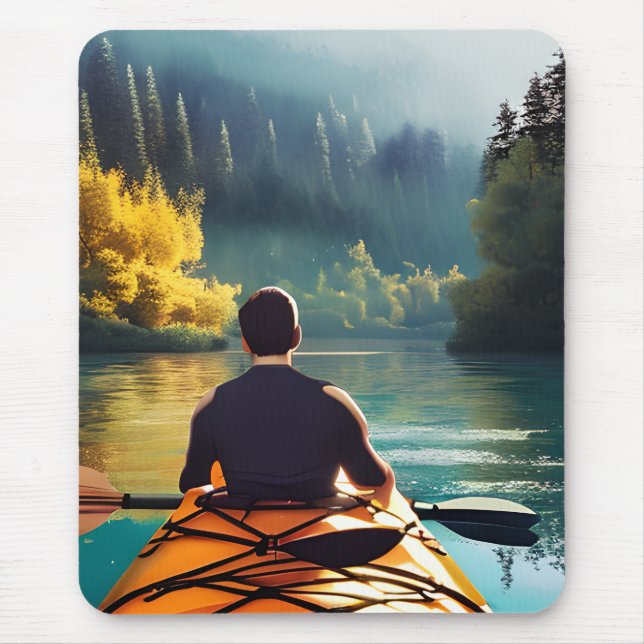 Serene Kayaking Scene | Man in Kayak in Mountains Mouse Pad (Front)