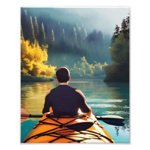 Serene Kayaking Scene   Man in Kayak in Mountains Photo Print