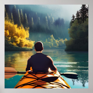 Serene Kayaking Scene   Man in Kayak in Mountains Poster