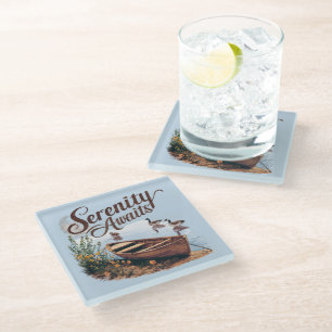 Serene Lake Boat with Geese and Wildflowers Glass Coaster