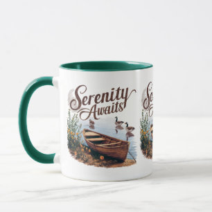 Serene Lake Boat with Geese and Wildflowers Mug