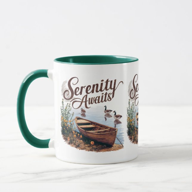 Serene Lake Boat with Geese and Wildflowers Mug (Left)