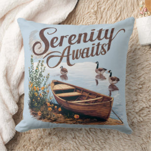 Serene Lake Boat with Geese and Wildflowers Throw Pillow