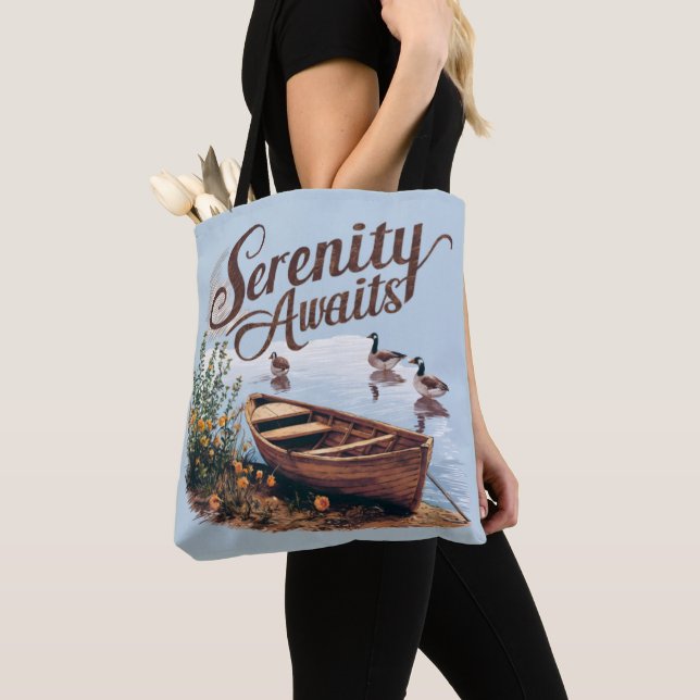 Serene Lake Boat with Geese and Wildflowers Tote Bag (Close Up)