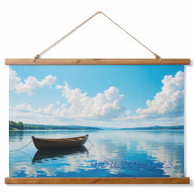Serene Lake Landscape with Wooden Rowboat