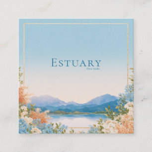 Serene Lake Mountain Floral Gold Frame Square Business Card