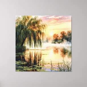Serene Lake Sunrise with Willow Tree Canvas Print