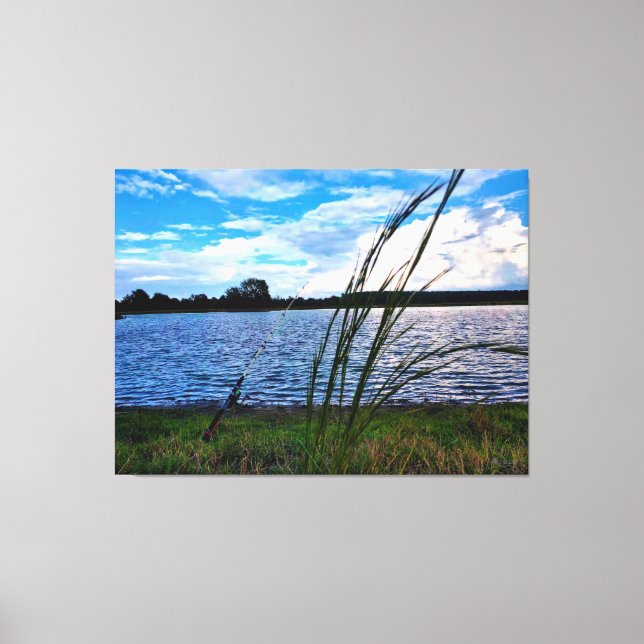 Serene Lakeside Fishing Scene Canvas Print (Front)