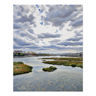 Serene Landscape Painting with Dramatic Sky Poster