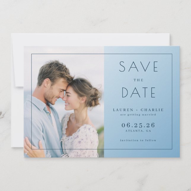 Serene Light Blue Minimalist Photo Save The Date (Front)