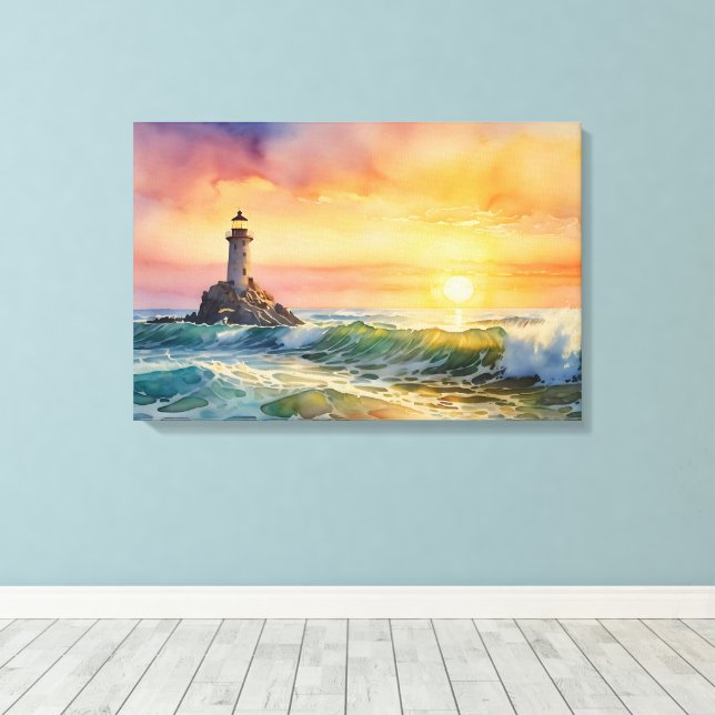 Serene Lighthouse at Sunset - Ocean Wall Art (Insitu(Wood Floor))