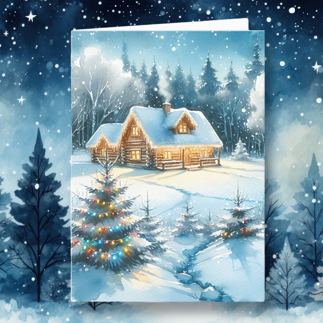 Serene Log Cabin in a Winter Forest Holiday Card (Creator Uploaded)