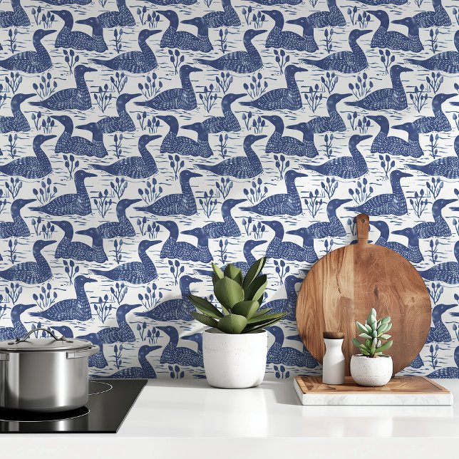 Serene Loon Pattern Blue and White Nature Design Wallpaper (Creator Uploaded)