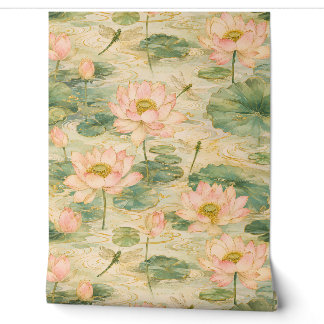 Serene Lotus Flowers & Dragonflies Japanese Botani Wallpaper