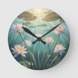 Serene Lotus Flowers Underwater Sunlight Water Round Clock