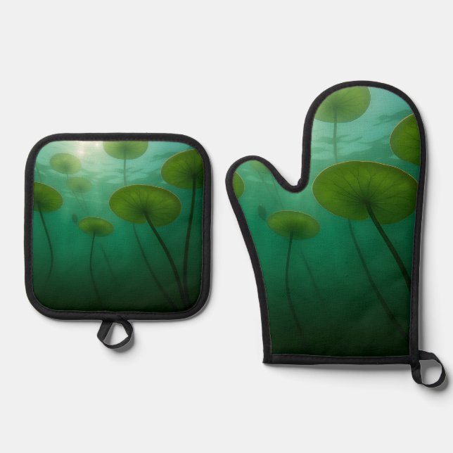Serene Lotus Leaves Underwater Sunlight Glow Oven Mitt & Pot Holder Set (Front)