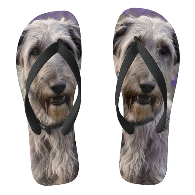 Serene Majesty: Wolfhound Sitting in a Purple Iris Flip Flops (Footbed)