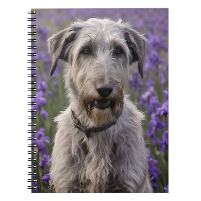 Serene Majesty: Wolfhound Sitting in a Purple Iris Notebook (Front)