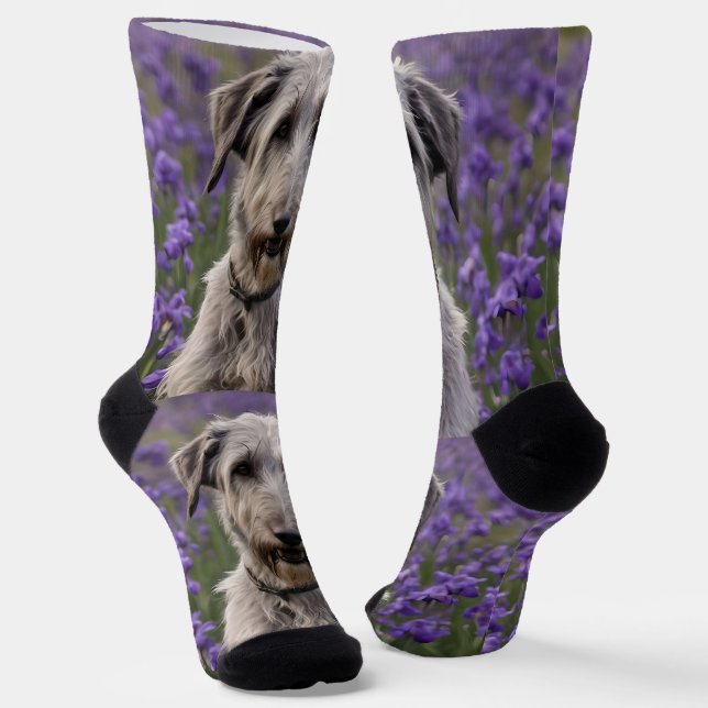 Serene Majesty: Wolfhound Sitting in a Purple Iris Socks (Angled)