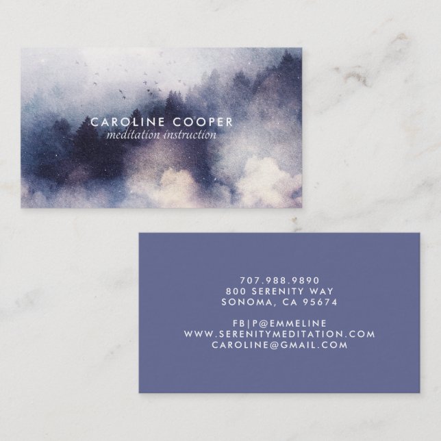 Serene Meditation Instructor Mist Trees Watercolor Business Card (Front/Back)