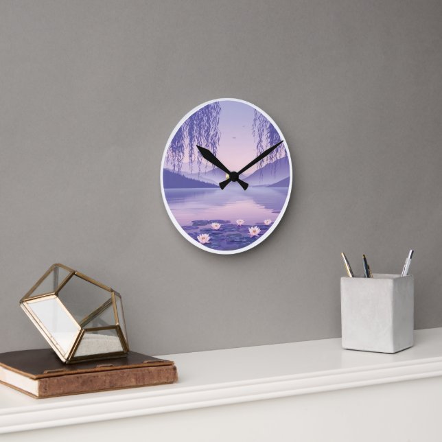 Serene Misty Lake at Dawn Circular Art Print Round Clock (Office)