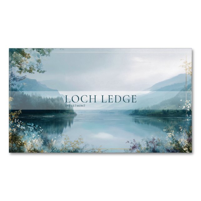 Serene Misty Mountain Lake Gold Sparkle Magnetic Business Card (Front)