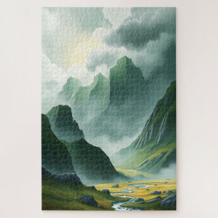 Serene Misty Mountains Emerald Valley  Jigsaw Puzzle