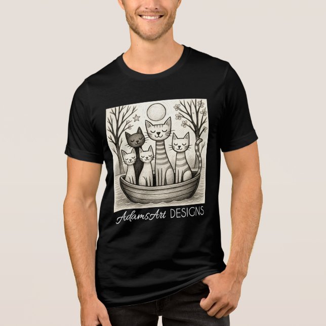 Serene Moonlit Cat Family Illustration Tri-Blend Shirt (Front)