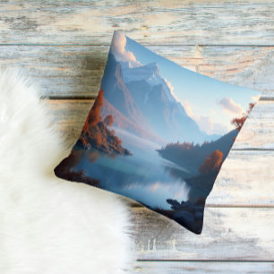 Serene Mountain Lake & Autumn Trees Landscape Throw Pillow