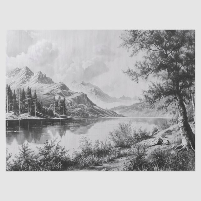 Serene Mountain Lake Black & White Decoupage Tissue Paper (Front)