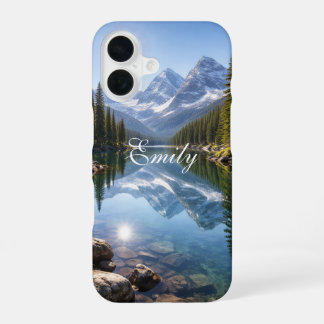 Serene Mountain Lake Landscape Personalized Name iPhone 16 Case
