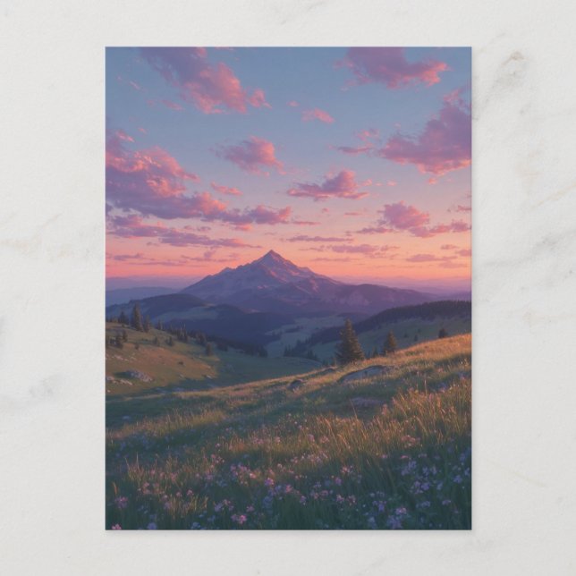 Serene Mountain Meadow at Pink Sunset Postcard (Front)