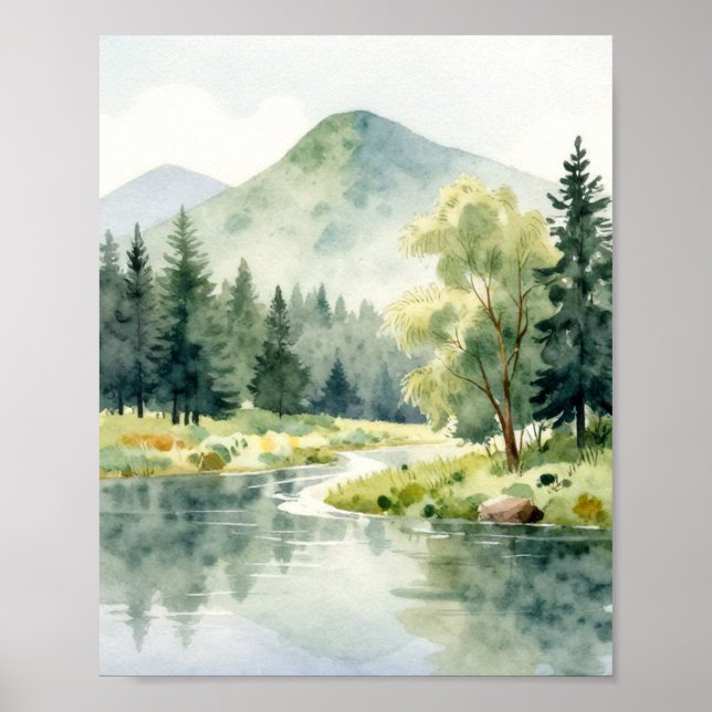 Serene Mountain Reflection: A Soft Watercolor Land Poster (Front)