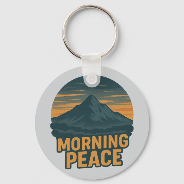 Serene Mountain Sunrise Retro Emblem Keychain (Front)