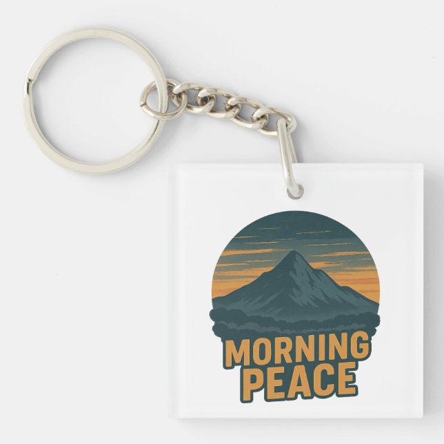 Serene Mountain Sunrise Retro Emblem Keychain (Front)