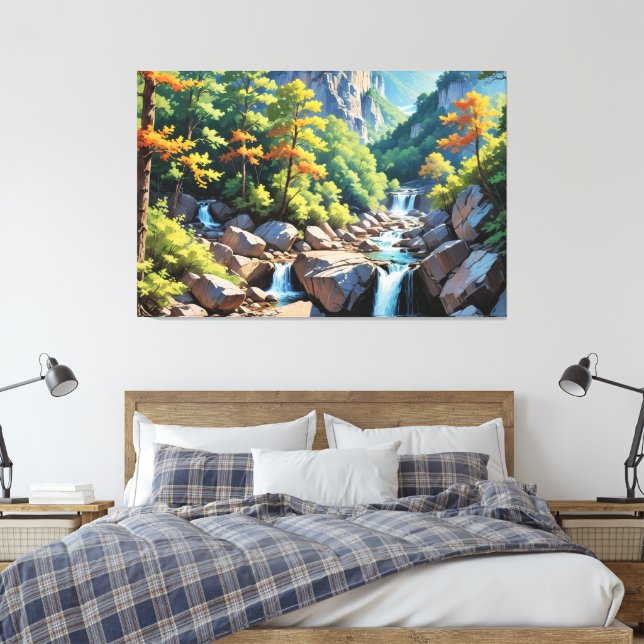 Serene Mountain Waterfall Landscape Canvas Print (Insitu(Bedroom))