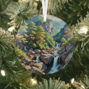 Serene Mountain Waterfall Landscape Glass Ornament