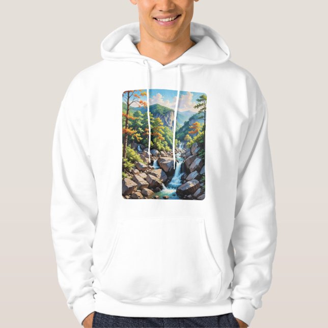 Serene Mountain Waterfall Landscape Hoodie (Front)