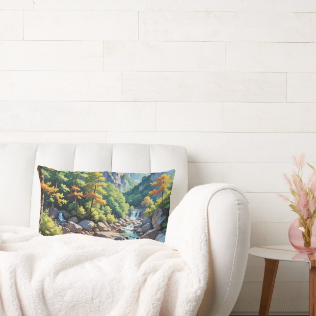 Serene Mountain Waterfall Landscape Lumbar Pillow (Couch)