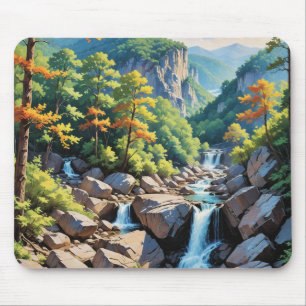 Serene Mountain Waterfall Landscape Mouse Pad