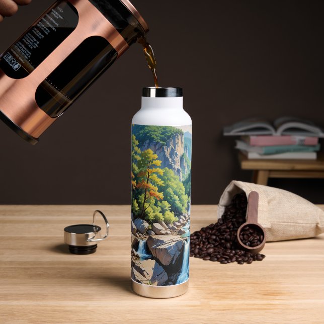 Serene Mountain Waterfall Landscape Water Bottle (Coffee)