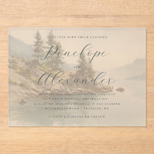 Serene Muted Green Lakeside Scene Acrylic Invitations